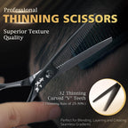 Ergonomic offset handle design and finger rest details of the professional barber scissors.