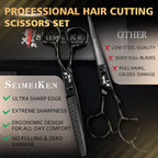 Smithking hair styling scissors and grooming combs laid out for salon use.
