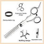 Fcysy ergonomic offset handle hair blending shears being held by a stylist.