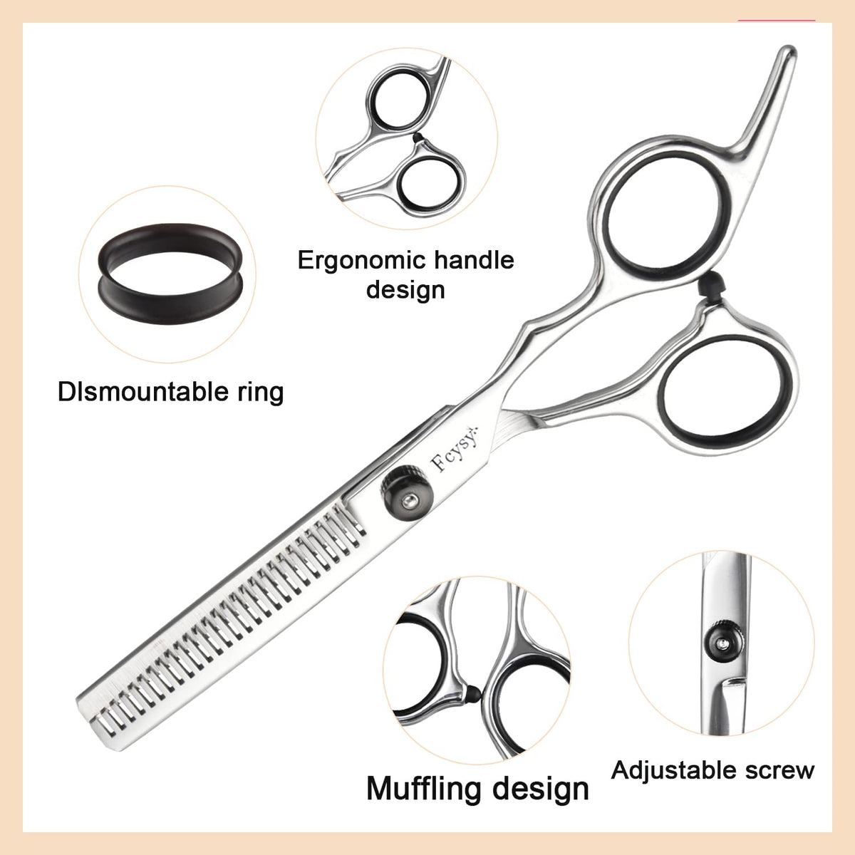 Fcysy ergonomic offset handle hair blending shears being held by a stylist.