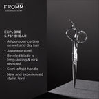 Close up view of the ice tempered Japanese steel beveled blade on Fromm hair scissors
