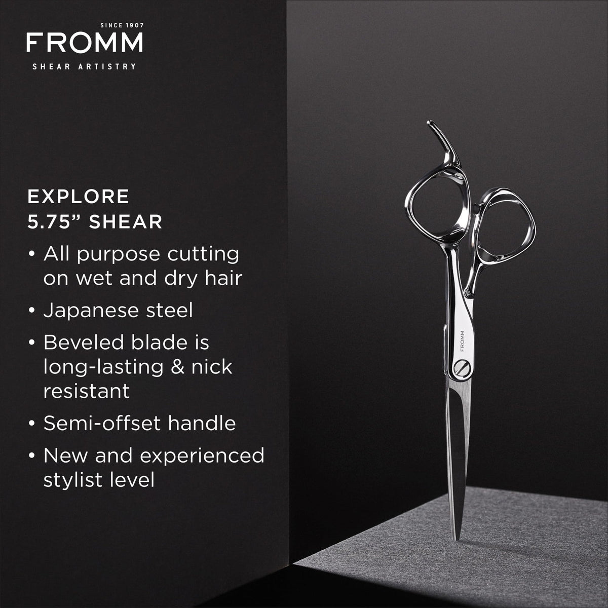 Close up view of the ice tempered Japanese steel beveled blade on Fromm hair scissors