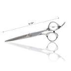 Detailed shot of the pivot screw and mirror finish silver coating on Fromm professional shears
