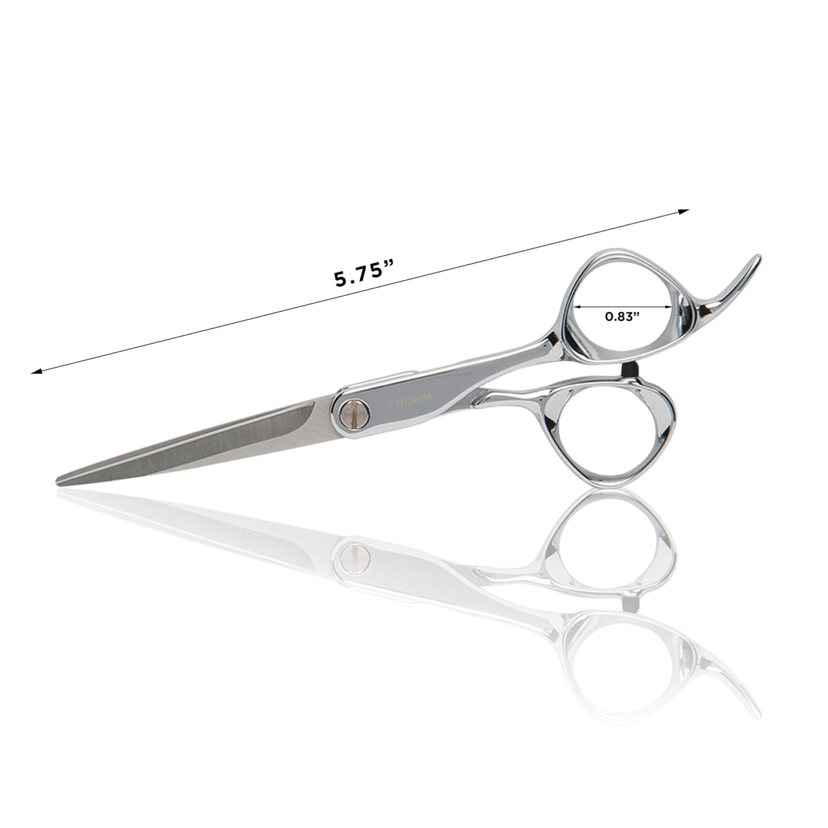 Detailed shot of the pivot screw and mirror finish silver coating on Fromm professional shears