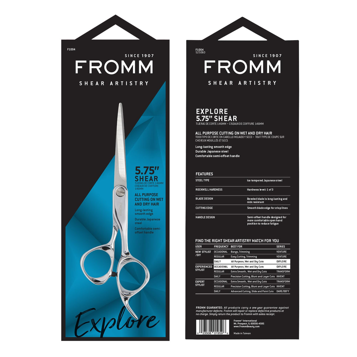 Fromm Professional Explore hair shears shown with its official protective salon packaging