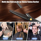 Professional hair scissors set being adjusted via the gold tension screw for precise cutting