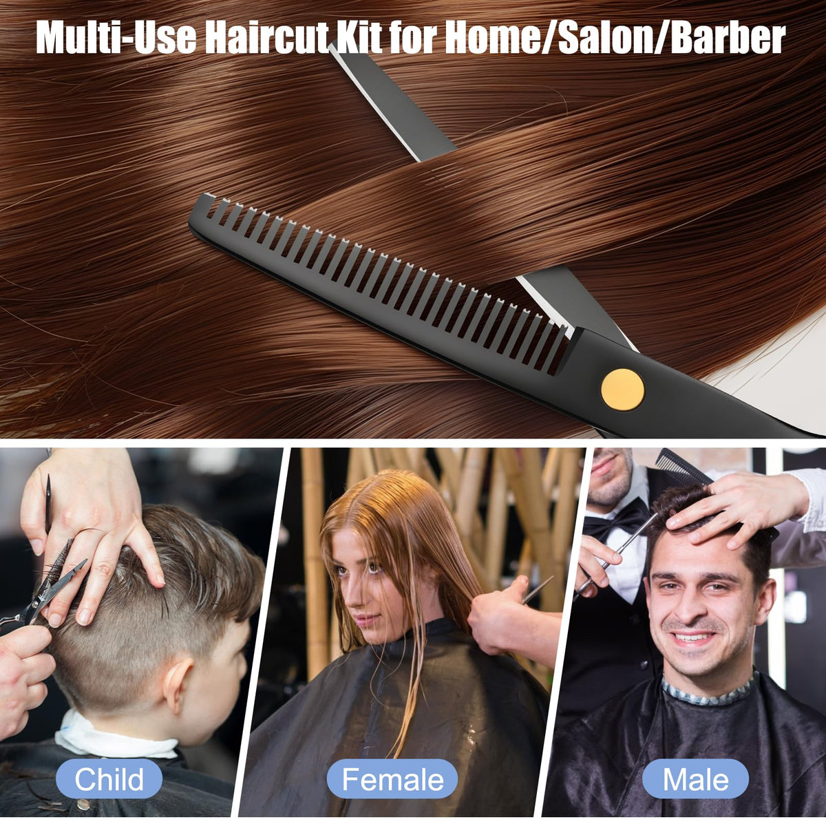 Professional hair scissors set being adjusted via the gold tension screw for precise cutting
