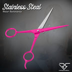 Rampage Surgical Japanese stainless steel barber scissors with removable soft rubber ring inserts displayed.