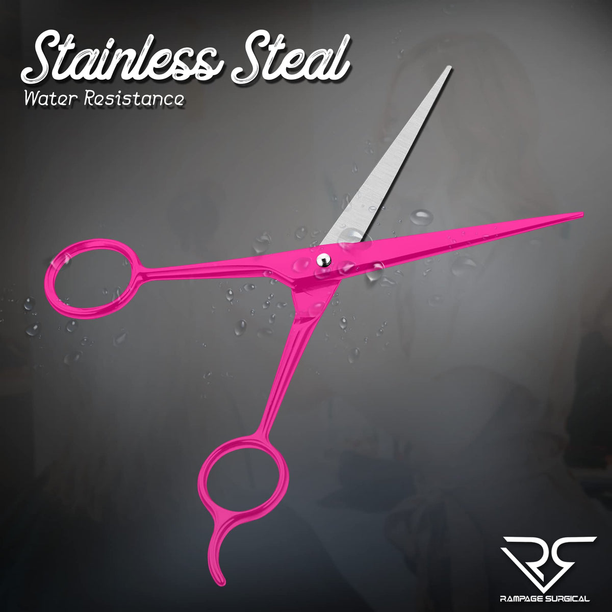 Rampage Surgical Japanese stainless steel barber scissors with removable soft rubber ring inserts displayed.