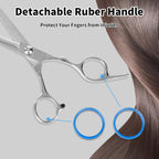 Ergonomic handle design of Homekoey salon scissors showing comfortable blue rubber finger inserts