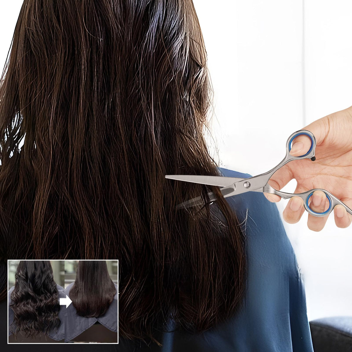 Homekoey premium black stainless steel haircut scissors being used for a precise hair trim