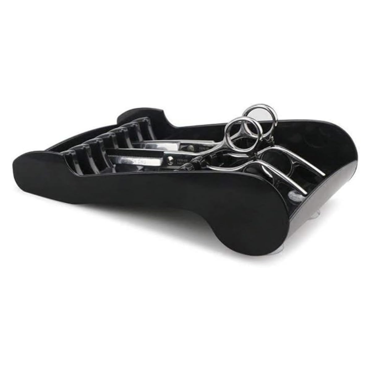 Tujuna minimalist black salon scissors organizer tray showing individual protective grooves
