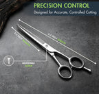 Ruvanti 6.5 inch professional hairdressing scissors alongside its protective leather storage case.