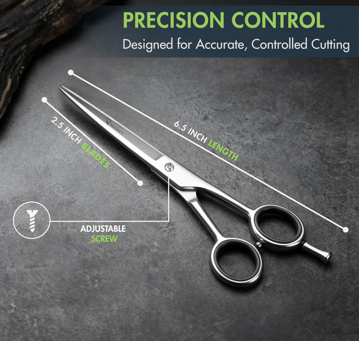 Ruvanti 6.5 inch professional hairdressing scissors alongside its protective leather storage case.
