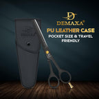 Side angle view of DEMAXA premium hair scissors in its protective leather case.