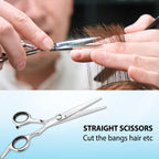 AULikY hair trimming scissors set laid flat alongside the styling comb and case.