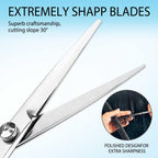 Stainless steel barber cutting tool being held correctly for a precise salon haircut.