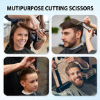 Premium silver finish salon shears showing hand sharpened razor edges for clean trimming.