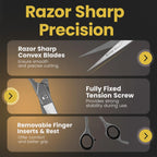 Krisp Shave 7 inch premium grooming shears showcasing the finger brace design for secure handling.