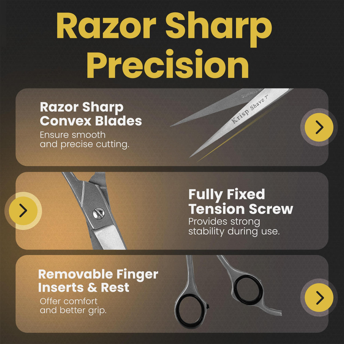 Krisp Shave 7 inch premium grooming shears showcasing the finger brace design for secure handling.