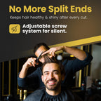 Krisp Shave professional hair cutting scissors positioned for precise beard and mustache trimming action.