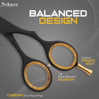 Premium black hair scissors 6.5 inches displayed alongside the included protective leather storage pouch