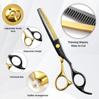 Titanium black coated hairdressing scissors showing the complete professional barber tool collection.