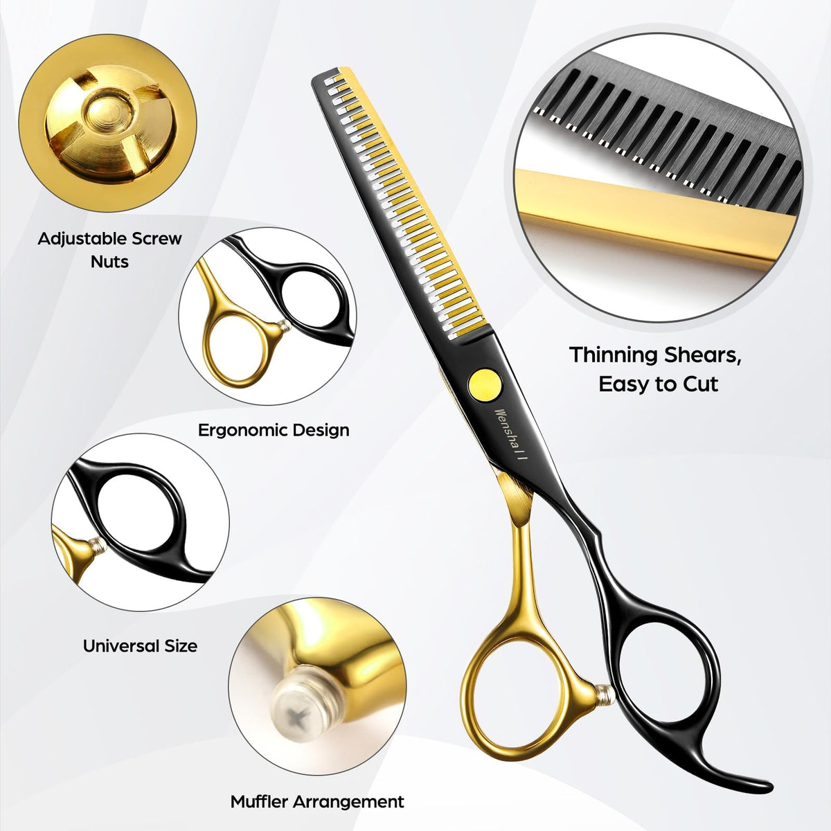 Titanium black coated hairdressing scissors showing the complete professional barber tool collection.