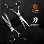 Close up view of the 440C Japanese steel blades on the Tokko Katana haircutting scissors