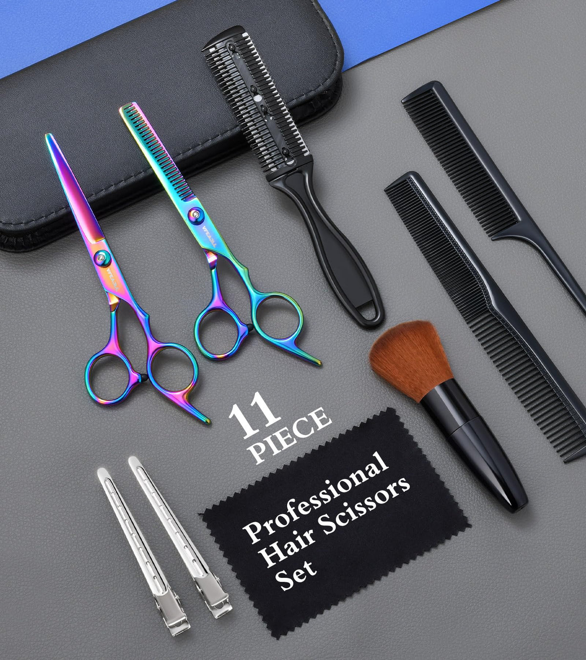 Vfaejll hair trimming tools with professional styling combs and protective salon cape laid out