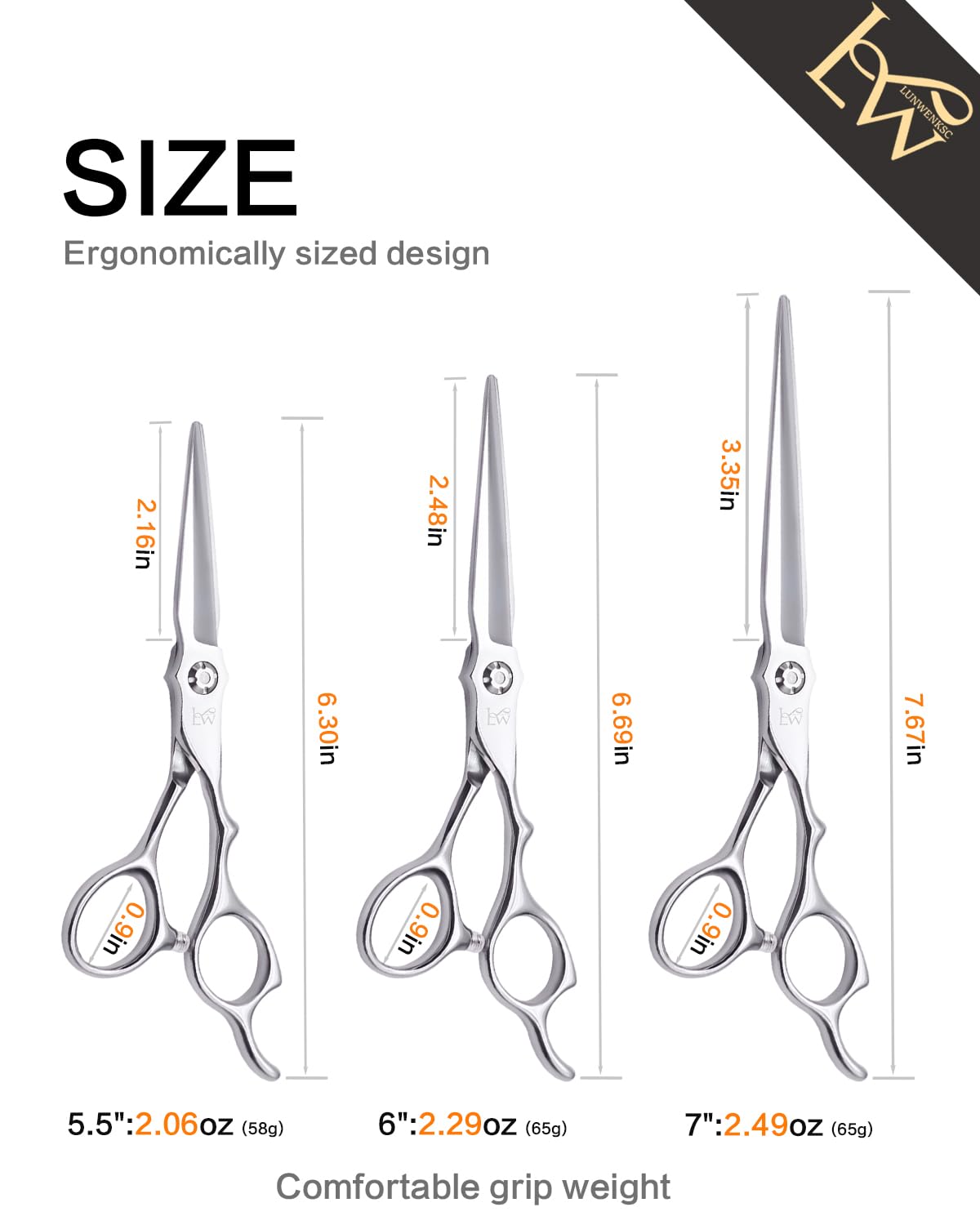 Side angle shot of the 440C stainless steel professional hair scissors for salon styling