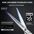Close up view of the ultra sharp Japanese 440C convex blade on the premium salon shears