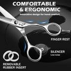 Ergonomic semi offset handle of the hair cutting scissors showing black rubber finger inserts and the silencer bumper