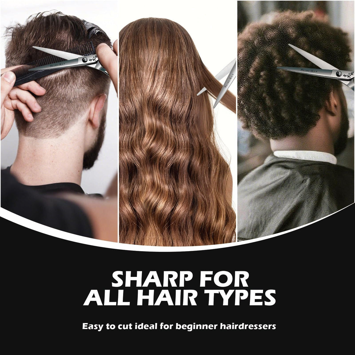 Professional barber utilizing the imported Japanese steel shears for a precise slide cutting technique
