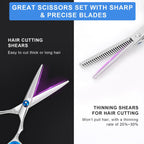 Stainless steel hairdressing shears showing blue adjustable tension screw