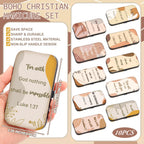 Close up of Bible verse printed on manicure case exterior