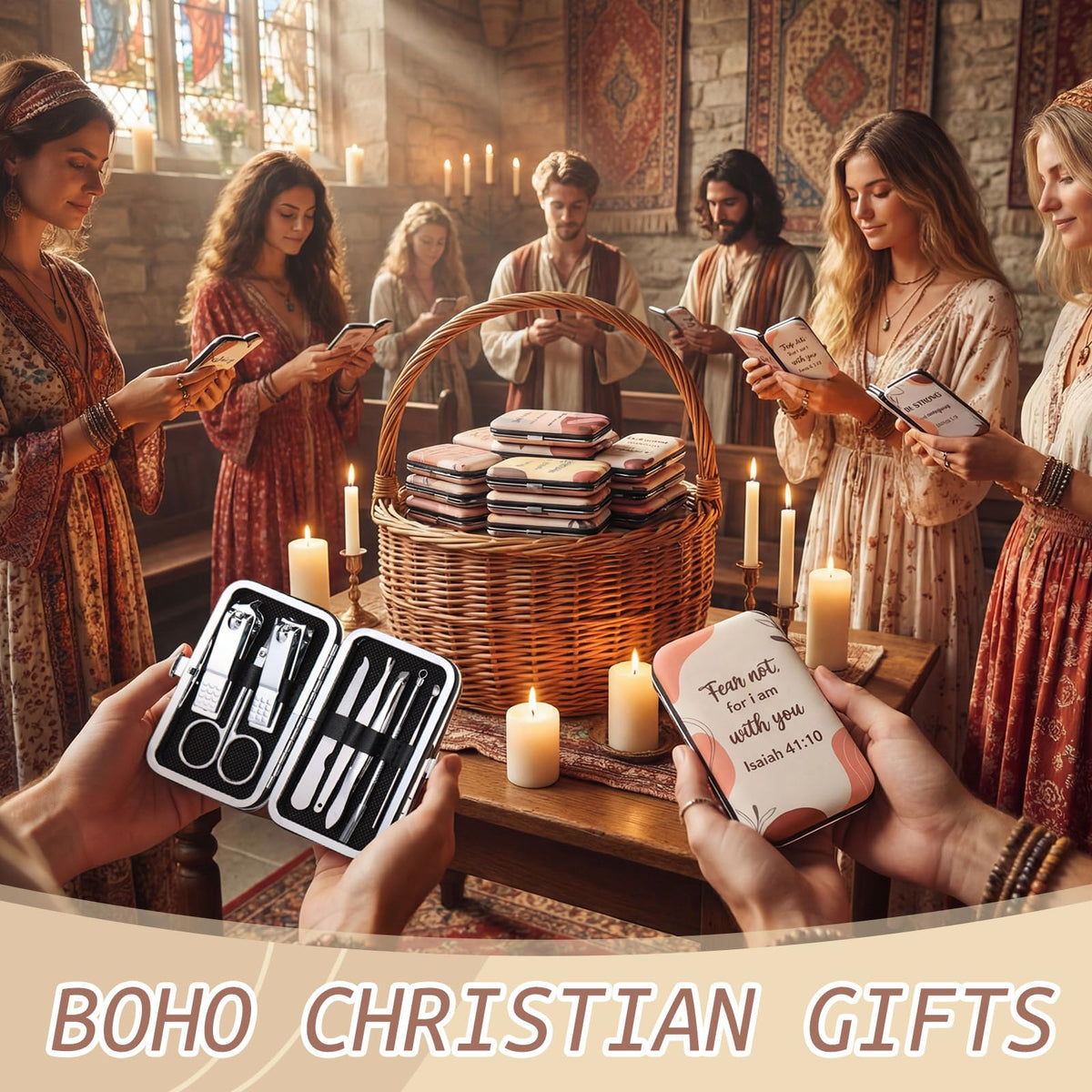 Ten individual Christian gift sets arranged for display