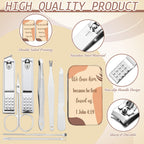 Interior view of stainless steel manicure tools in travel case