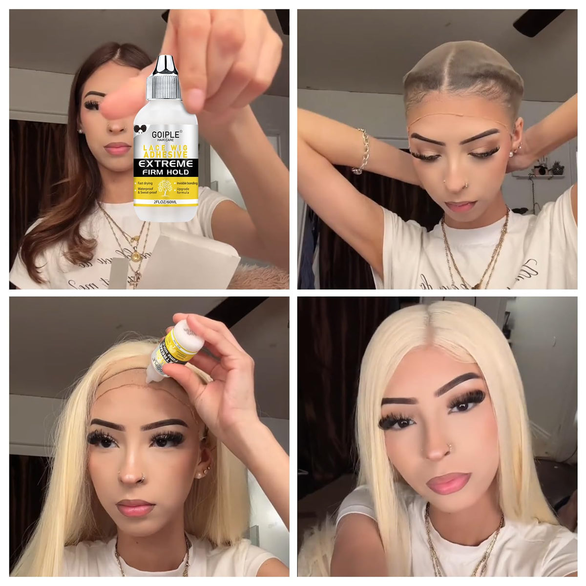 Goiple humidity resistant wig glue bottle beside lace hairpiece