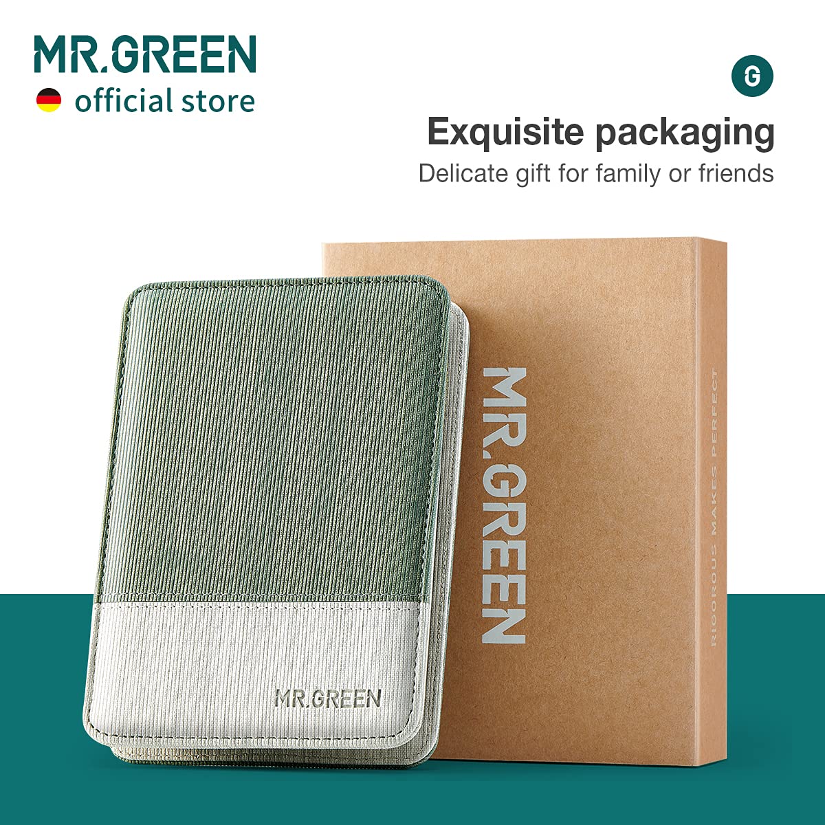 Side profile of MR.GREEN travel grooming set in green