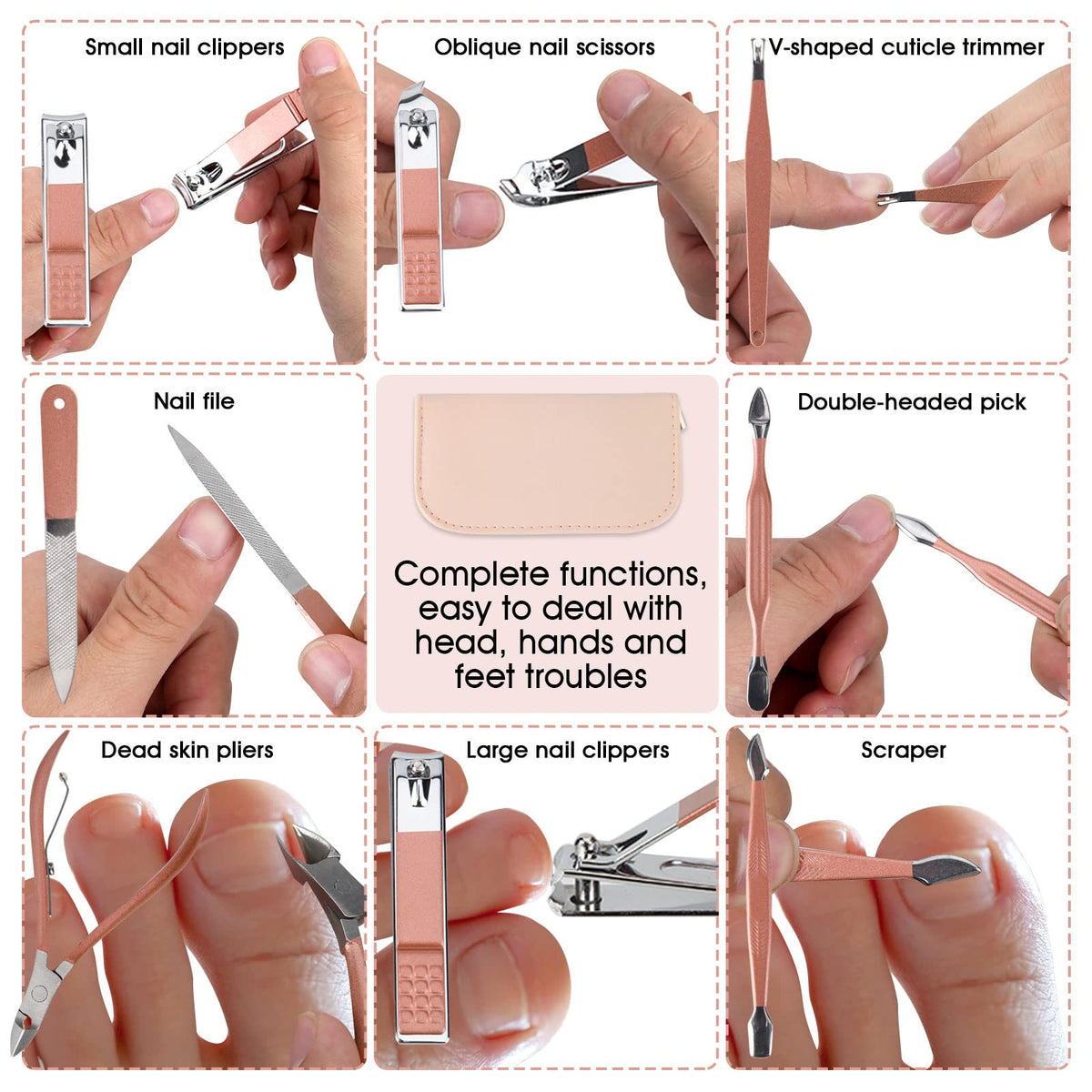 Professional manicure kit tools organized in leather pouch
