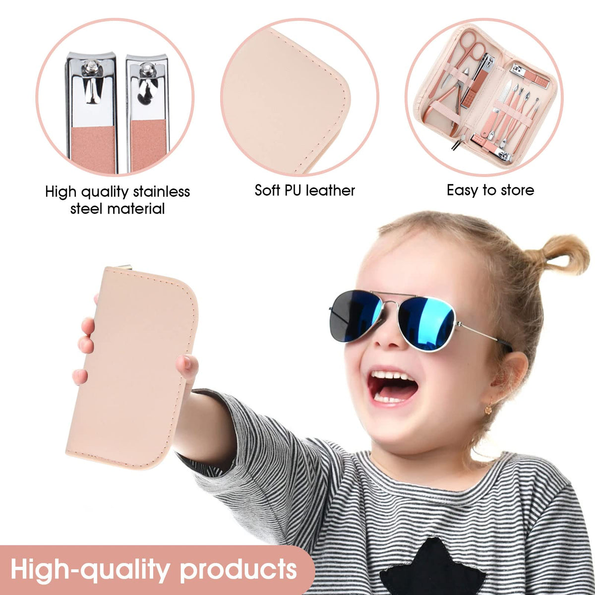 Side view of portable rose gold manicure set for travel