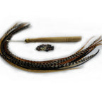 Close up of natural grizzly and solid colored feather hair extensions