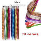 Close up of 19 inch colorful synthetic hair feathers
