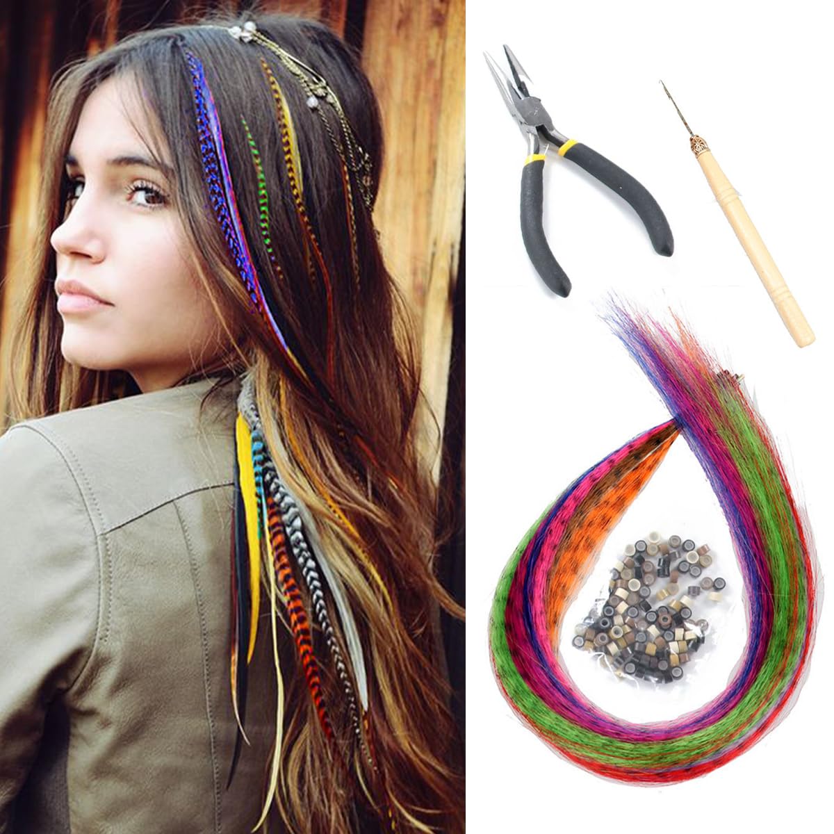 Model wearing vibrant synthetic feather hair extensions