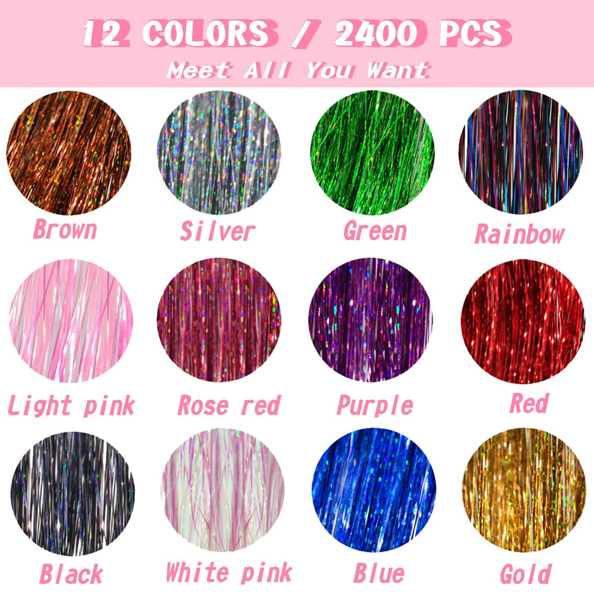 Close up of 47 inch fairy hair extensions sparkling strands