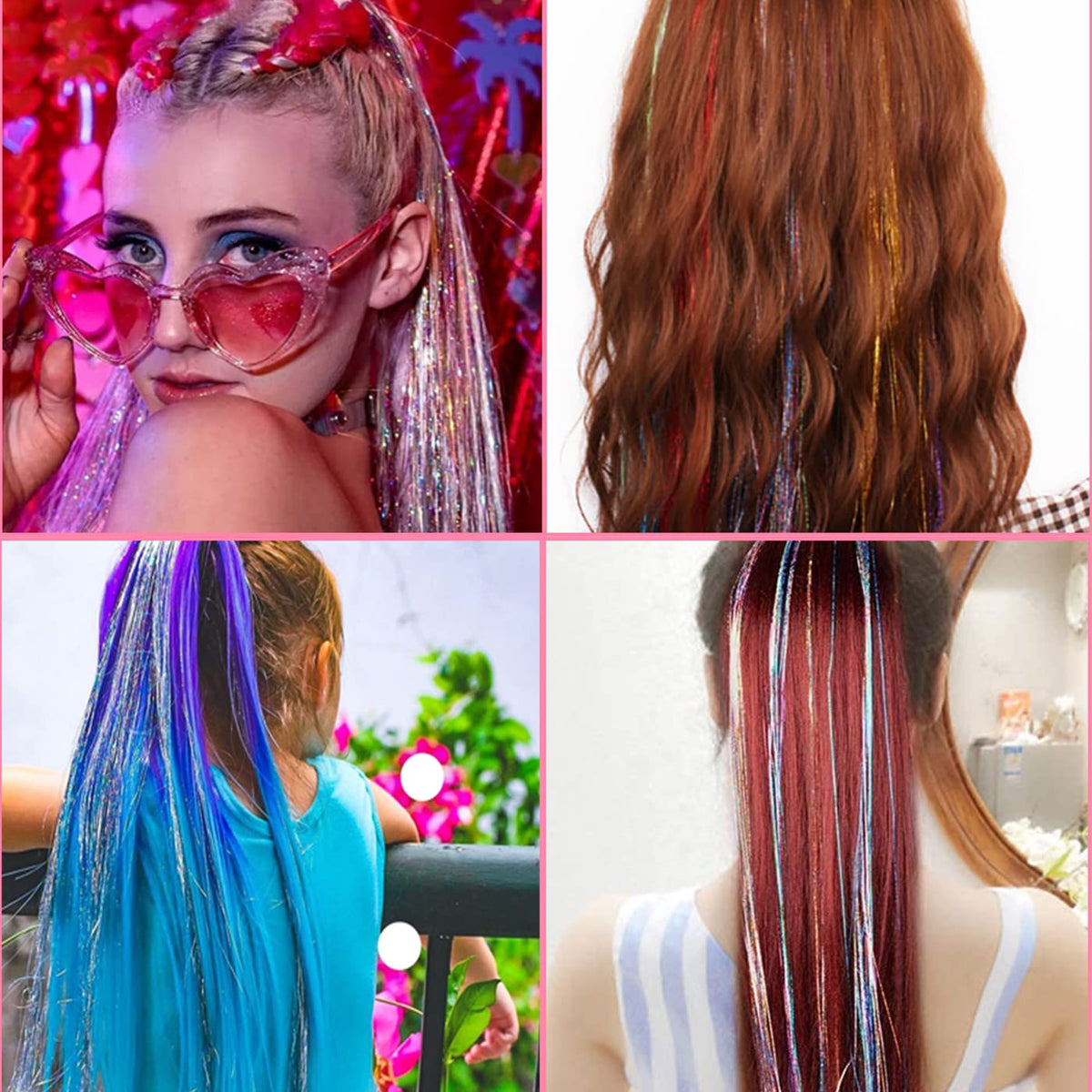 Side profile view of hair tinsel extensions applied to hair