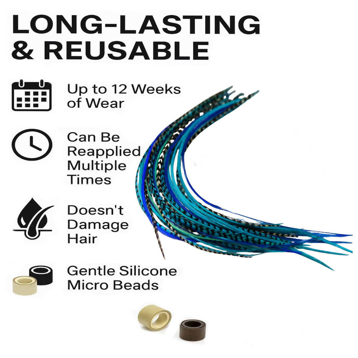 Five bonded rooster feathers for hair styling
