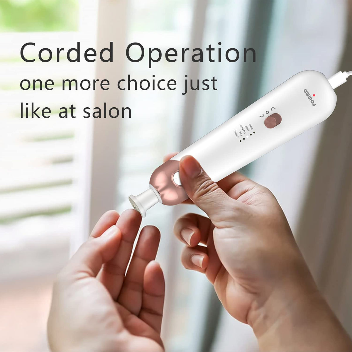 POLAMD salon quality electric manicure tool set alongside various abrasive shaping heads