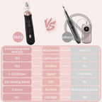 Premium pedicure tools for feet displaying five speed settings and dual rotation direction switch